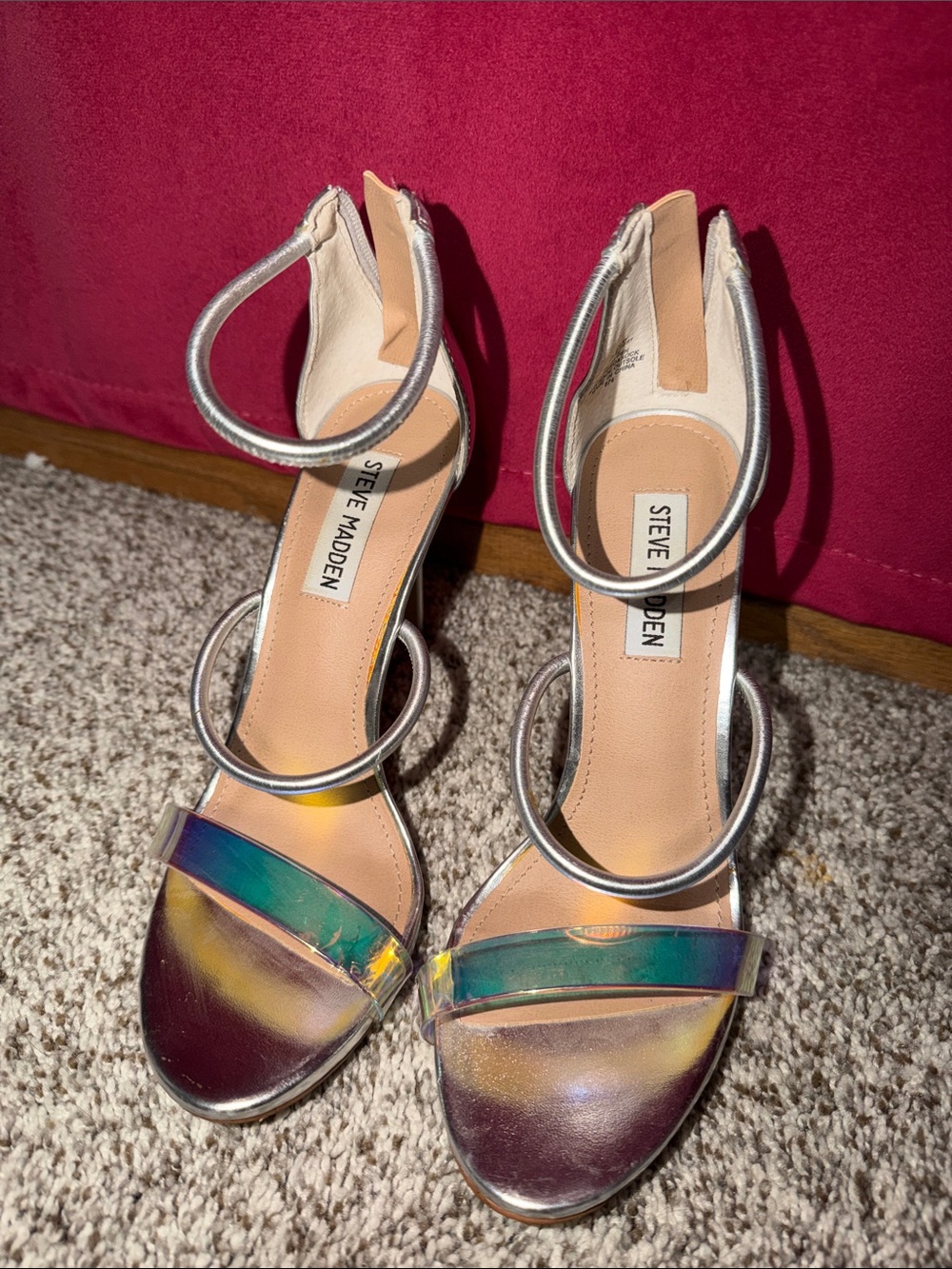 Steve Madden Silver Metallic Ankle-Strap Heels with Iridescent Toe